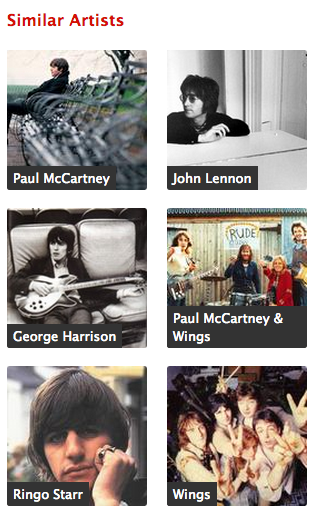 Top artist similars are all members of the Beatles